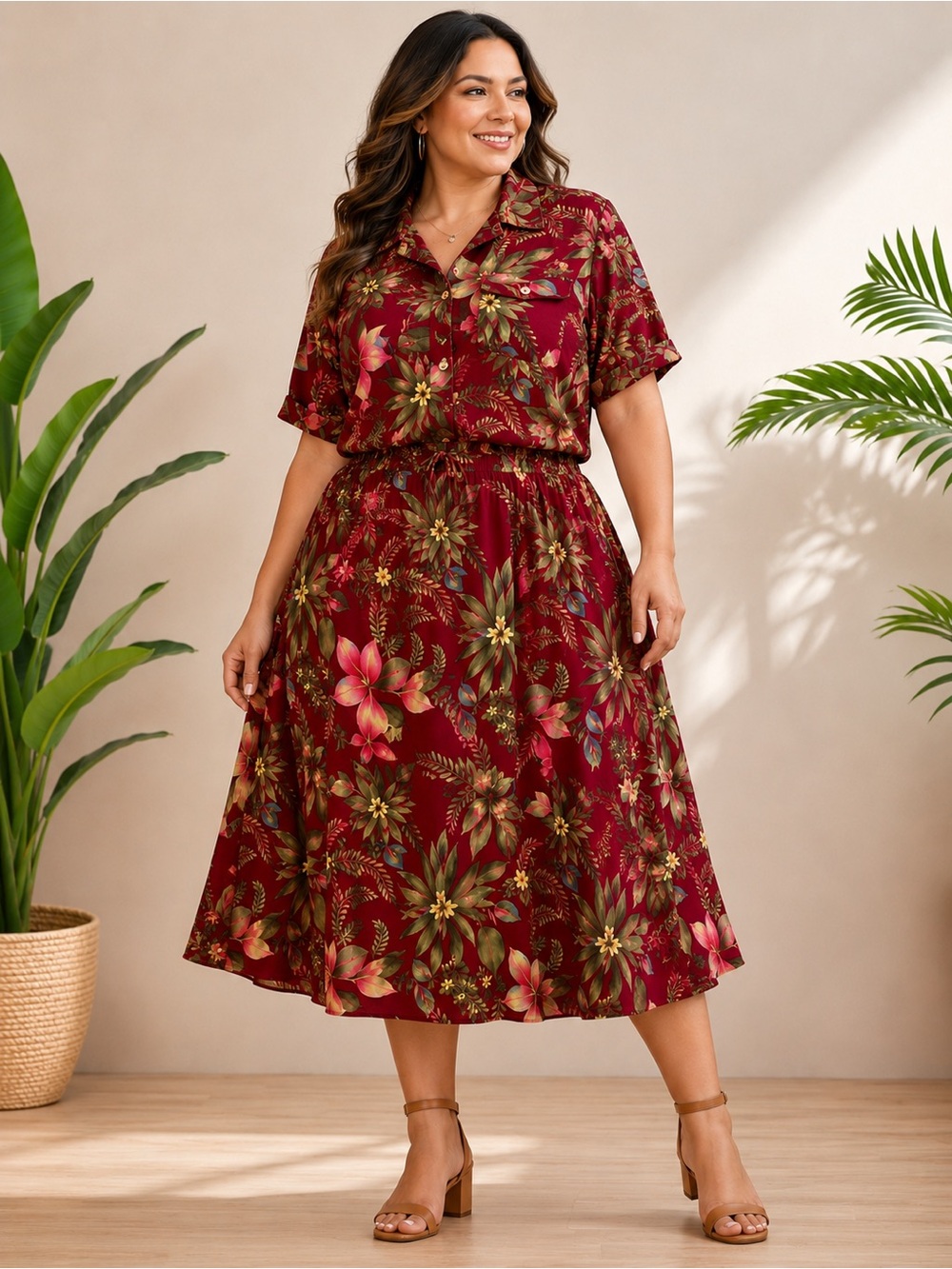 Sag Harbor Woman Printed Midi Skirt Set • 2-Pc Tropical floral, size 1X LIKE NEW